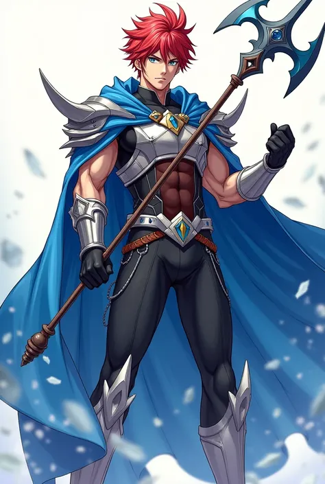 A male hero, anime figure, full potential, wearing a blue Cape, Grey eyes, red hair, detailed picture, wearing a cool costume, holding a glaive, great physic 