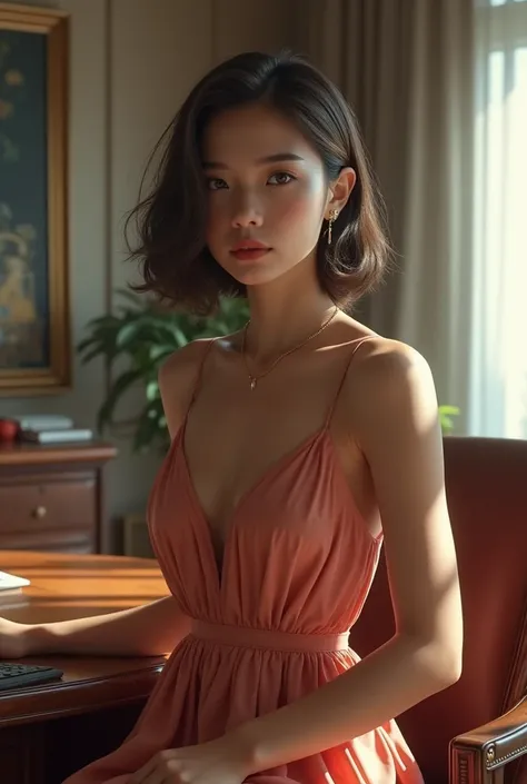 A realistic girl looking very attractive in a formal dress inside a office 