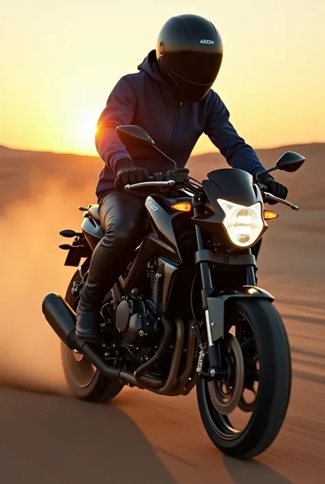 realistic large photo  , biker,   wearing a large covered Airoh Phantom S  ,   in a long-sleeved blue hoodie  , leather pants,  black gloves ,  edet on black Kawasaki ninja motorcycle,  at sunset in the desert , --cref https://www.seaart.AI/explore/detAIl/...