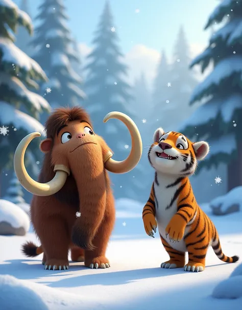 A funny sloth trying to catch snowflakes on his tongue, with a big woolly mammoth and a sleek saber-tooth tiger smiling nearby. The snow-covered landscape has frozen trees and icicles sparkling in the sun like the one in the ice age movie