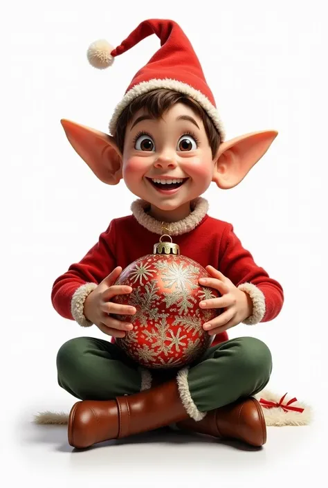  A New Years elf boy is holding a large Christmas ball in a sitting position,  in his hands , on a white background, front view, in boots ,  the ears are not very large  