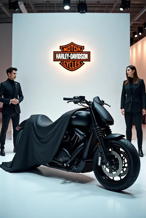 A sleek, modern  (2025  ) partially covered with a  cloth displaying a prominent(  Harley-Davidson Custom 1250)  logo, being unveiled by two people. The bike is   with a streamlined design, positioned in an indoor clear white showroom with bright lighting....