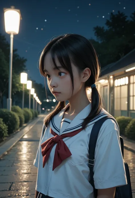 real human skin,very detailed,Japanese,black hair,low twintail,small breasts,school uniform,outdoor,night,upper body