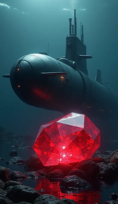 "A detailed image featuring a powerful army submarine submerged underwater, its sleek, metallic hull showing signs of strength and advanced technology. Near it, a large, glowing ruby stone rests on the ocean floor, its vibrant red facets reflecting light f...