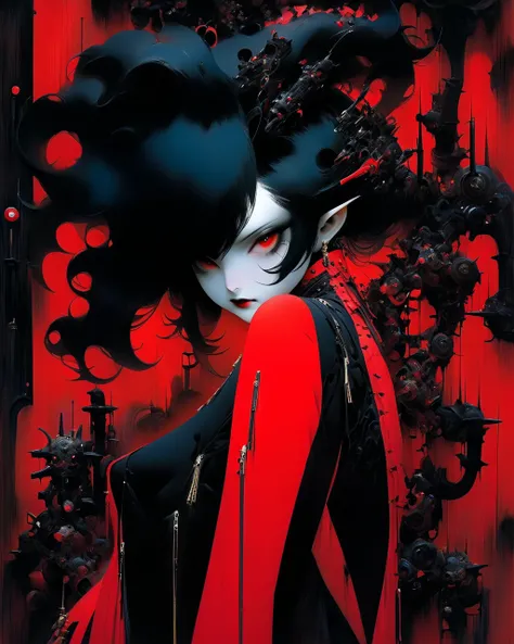   1 Devil Girl , Gradient color
(  mechanical arm in black hair with zipper  ),
 Long neck red leather stockings with geishas 
(art by Yoshitaka Amano    )