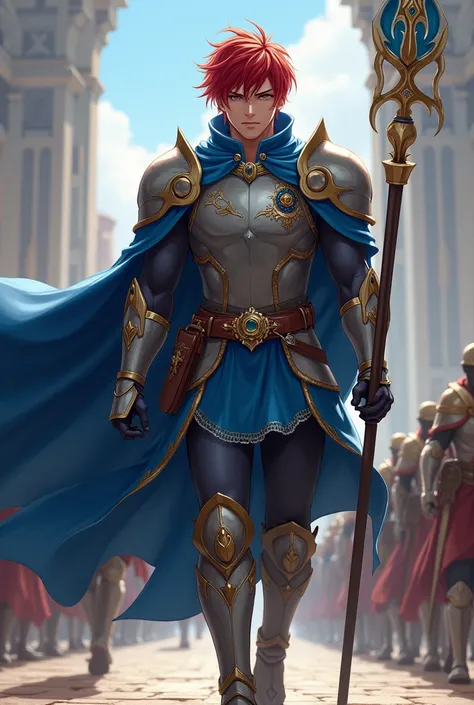 A male hero, anime figure, full potential, wearing a blue Cape, Grey eyes, red hair, detailed picture, wearing a cool armoured costume, holding a glaive, background Kingdom, wearing a cool ancient crown, marching with his soldiers 