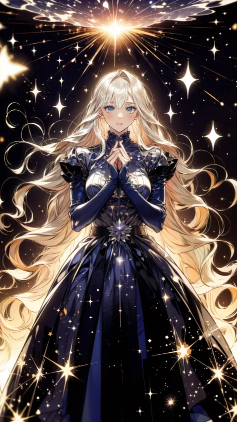 the goddess of creation stands before her ,  her presence is spiritual and awe-inspiring . her long,  her flowing blonde hair ca...