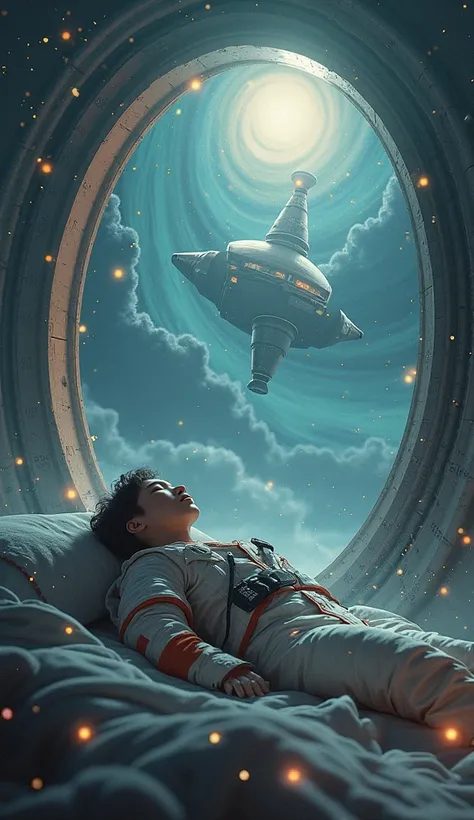 An astronaut sleeping in a magical world in parallel space time by a space station, sketch, desaturated, grunge art, in the style of unreal engine and Victo Ngai