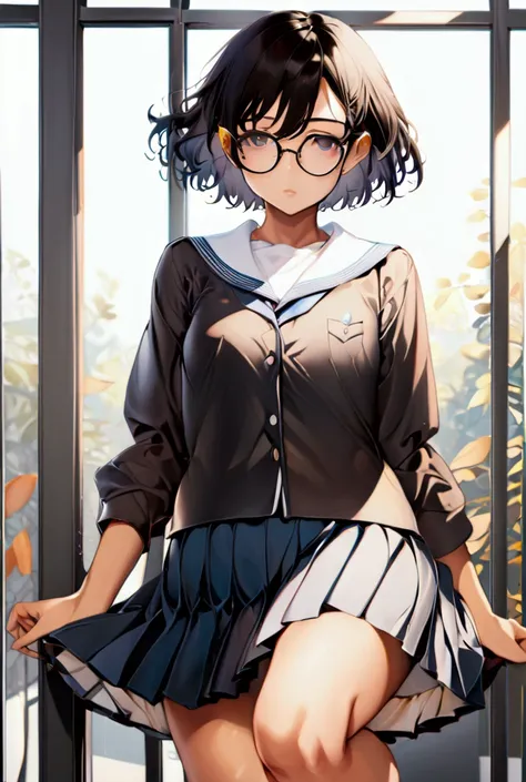  Women ,Anime,Tanned skin,Short hair ,Black hair,wearing black framed glasses,Round Glasses , school uniform,Flat chest, Knee-length skirt,small,Thin,Dark skin, small breasts,Tanned skin,