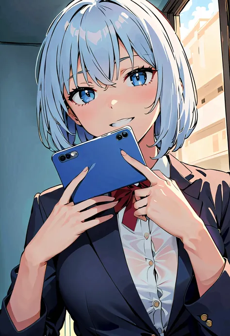 An anime girl with blue hair and a black jacket is taking a selfie,  I will put that on hold,  Wear Exposing Clothes ,  top rated on pixiv, Check your phone, 2b ..., 2b,  seductive anime girl, pixivで人気, Touching clothes , Rei Ayanami, Woman with short blue...