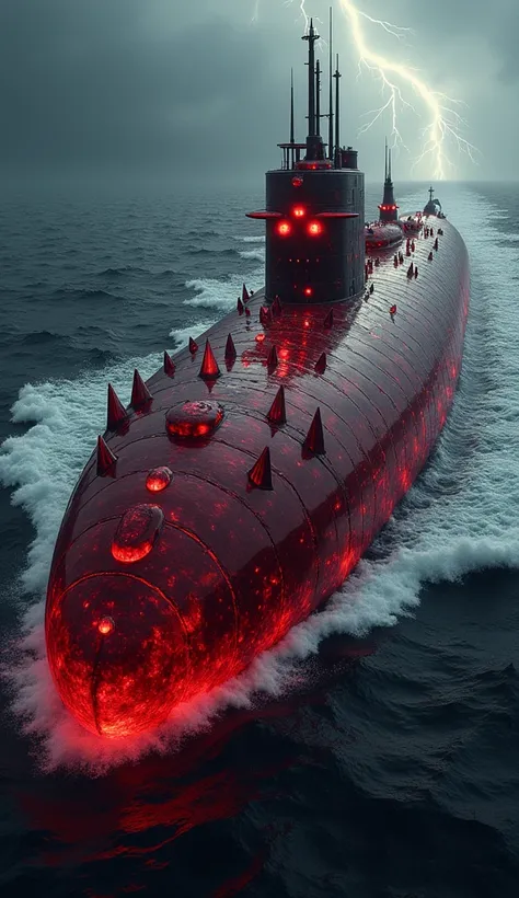 monstrous hybrid entity combining the sleek, imposing design of a military submarine with the deep red, lustrous appearance of a ruby stone. The submarines exterior is adorned with jagged ruby shards, reflecting a fierce, dangerous aura. Its surface is pol...