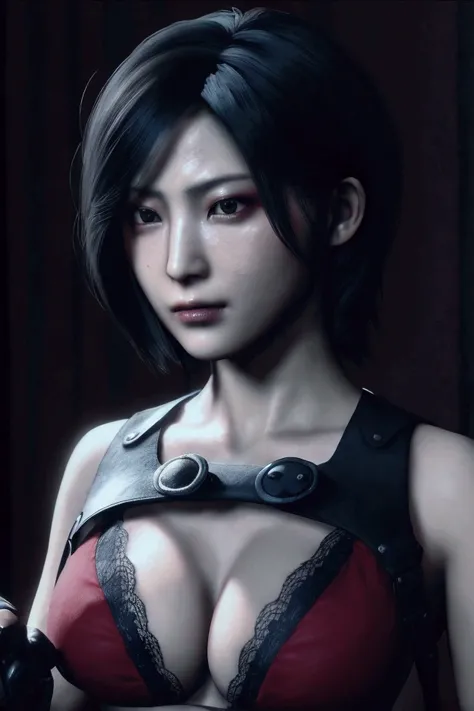 ((  Masterpiece  )), precise,  perfect face, Asian people, (Resident Evil), (Ada wong), background, Zombie Center , Short hair, Black hair, Black eyes, Beautiful round eyes., Black pupil,  big breasts , Wear a black bra, Hand holding a gun