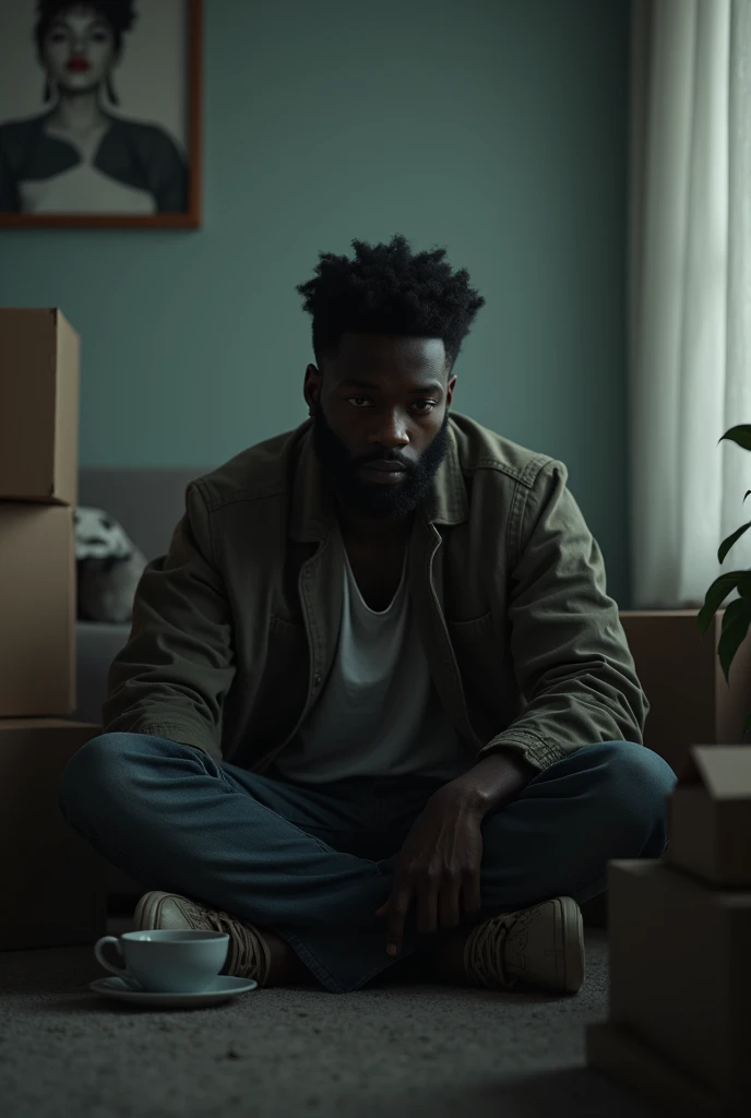 A hauntingly beautiful portrait of Aiden a handsome African man sitting alone in his new apartment, surrounded by boxes and echoes of his past life with Elena a beautiful African woman. His expression is contemplative, with a hint of sadness and longing. I...