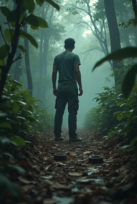 Veer stands on a desolate jungle path. The ground is covered with dry leaves and broken twigs. Faint rustling sounds come from the bushes, as if someone is watching him. A broken bracelet belonging to Arjun lies near Veer’s feet.
