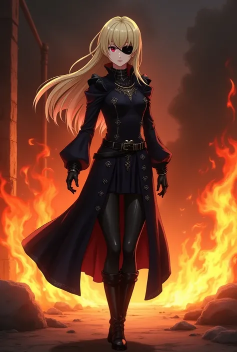 Generate an image of an anime middle aged woman with an eye patch, blonde hair, red eyes and black medieval coat and walking away from the flames