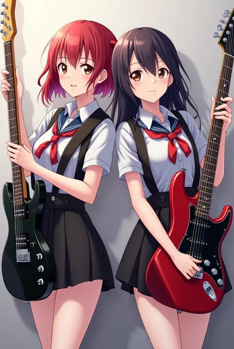 there are two girls in school uniforms posing with guitars, photo from a promo shoot, rocking out, bassist, holding electric guitars, promo shot, , promotional shot, seifuku, holding guitars, , with pop punk style, photoshoot, ddlc, fiona staples and kinu ...