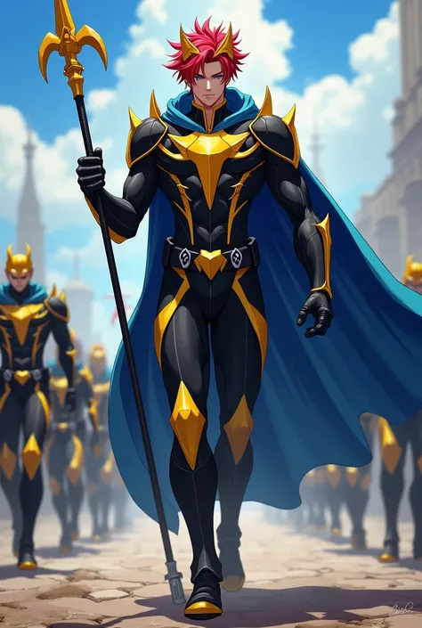 A male hero, anime figure, full potential, wearing a blue Cape, Grey eyes, red hair, detailed picture, wearing a cool black and yellow armoured  costume, holding a glaive, energy aura, wearing a cool crown on his head, marching with his soldiers with custo...