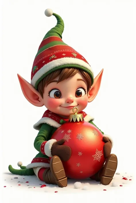  A cartoon elf boy in a Christmas costume is sitting,  holding a large Christmas ball in his hands,  In his arms  , on a white background, front view, In boots and mittens 