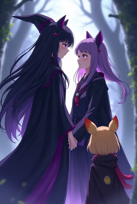 A girl with long black hair with purple and purple eyes and in a black wizard costume version of the anime mashle and who is chatting with a blonde girl with yellow eyes and who has a puffy rag with orange ears who also has a magician costume 