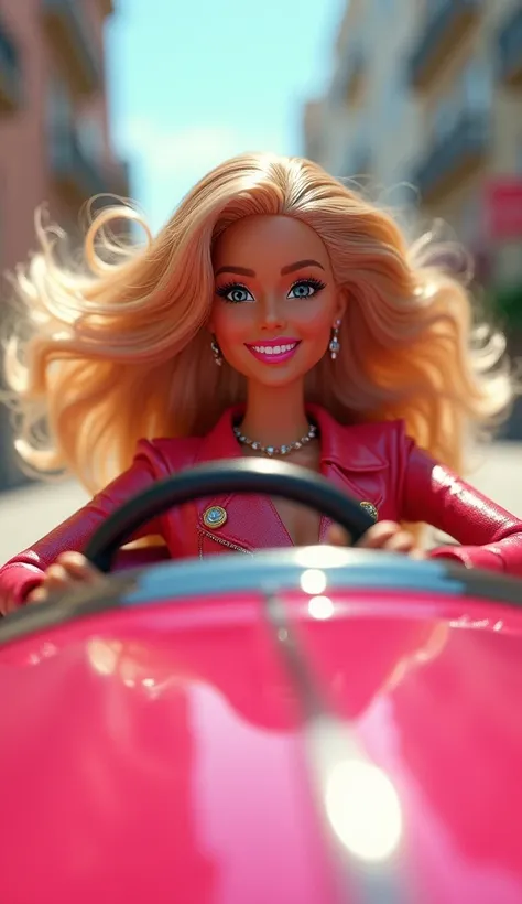 Barbie in the car, looking joyful and cheerful with the wind blowing through her hair. Shes holding the steering wheel, laughing as the car moves forward.
