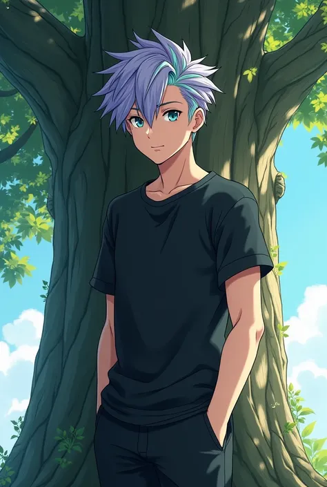 A man Anime Character With Height Of 6.5 feet height with lavender and green mixed short quiff hair style and blue colour eyes wearing Black shirt and Black pant standing next to the tree