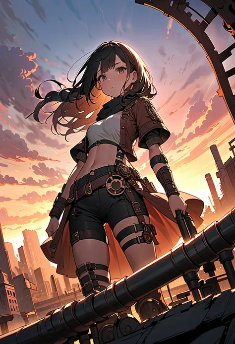 (Masterpiece, BestQuality:1.2),(page of manga),manga style,comic style,A steampunk-style ruined cityscape spreads out against the backdrop of the sunset sky. The city is made up of giant gears and pipes, and has a desolate atmosphere. In the center stands ...