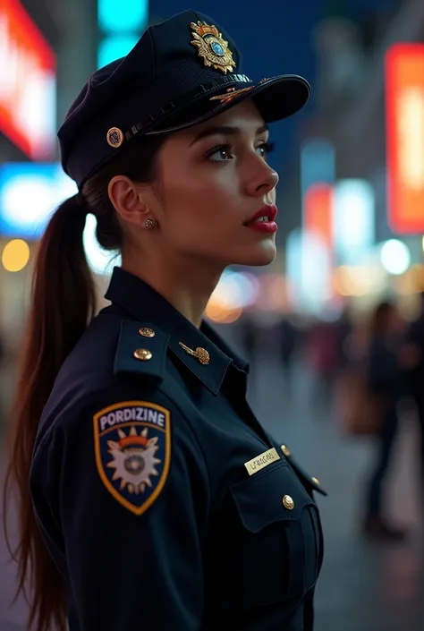  alone, (Police uniform, Policewoman), stocking, City Lights, ( looking at the audience: 1.3), Lips parted, Red lips,  Shiny Skin , Skin dimpling,  Best Quality , Ultra High Resolution, ( realistic : 1.4),  