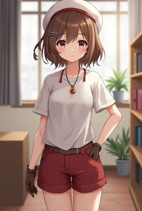  (:1.3), (best quality:1.3),indoors,bookshelf,window,solo,1girl, reisalin_stout, upper body, standing,brown hair, brown eyes, solo, hairclip, earrings, jewelry, short_hair, white_headwear, hat, hair_ornament, brown_gloves, necklace, short_shorts, x hair or...