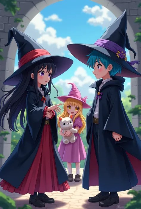 A girl with long black hair with purple and purple and purple eyes and with a black wizard costume version of the anime mashle and who is chatting with a blonde girl with yellow eyes and who has a puffy rag with orange ears who also wears a wizard costume ...