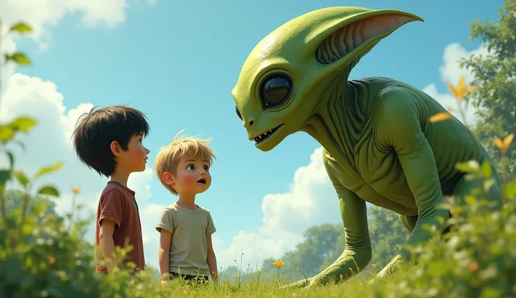 hyper realistic image of two youg boys age of 16 and a green big alien arrives on Earth to know the concept of tickling