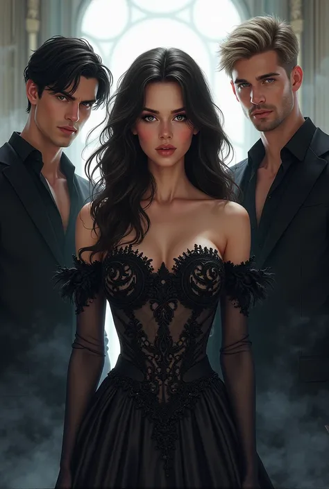 This image depicts a highly stylized, digitally illustrated scene of three people. At the center is a woman with long, wavy hair, wearing a detailed, ornate, off-the-shoulder gown with intricate lace or embroidered patterns. Her expression is serious and s...