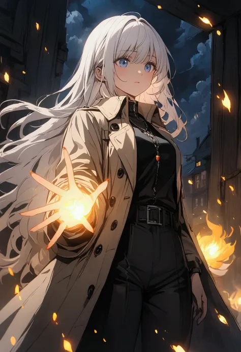  girl with long white hair in tall blue boots, trenchcoat and black pants at night
