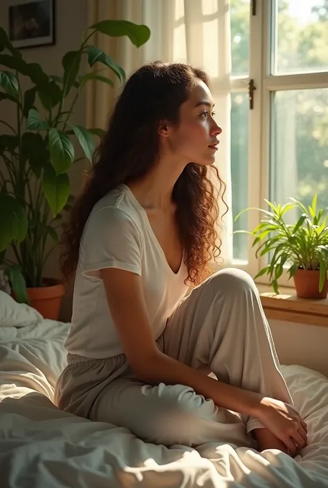 (photorealism:1.2), beautiful woman, sitting on bed, wearing a tshirt,  pajama pants, long curly hair, indoors, soft lighting, plants in background, window , normal room, relaxed pose, realistic, intricate details, warm colors, by Greg Rutkowski, by Alphon...