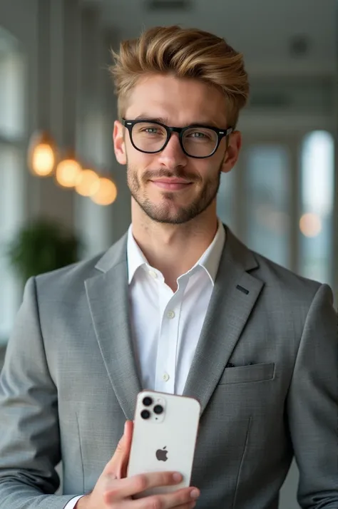 Genere un blond avec un imhone 16 il a des lunettes