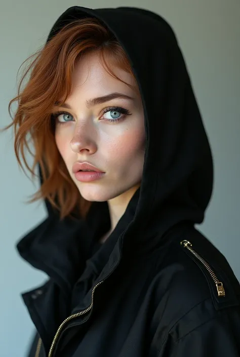 A girl 23 year old, tall about 180 cm, with chestnut hair and blue hooded eyes. Sharp jaw and have a masculine looks 