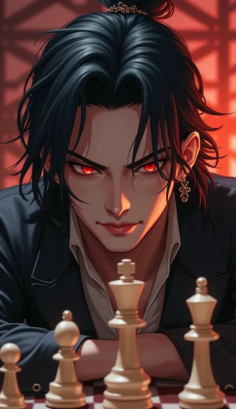 Chess Player , chessboard,  Handsome guy,  daring smile , bang,  Black hair,  Hair Ornament,  red eyes, 