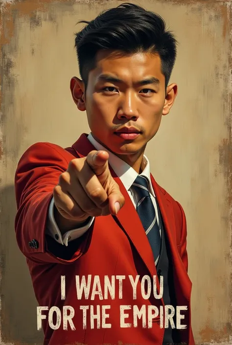 a painting of a young Asian man pointing at the camera in the style of james-montgomery-flagg and uncle sam, text below him reads, "I WANT YOU FOR THE EMPIRE"