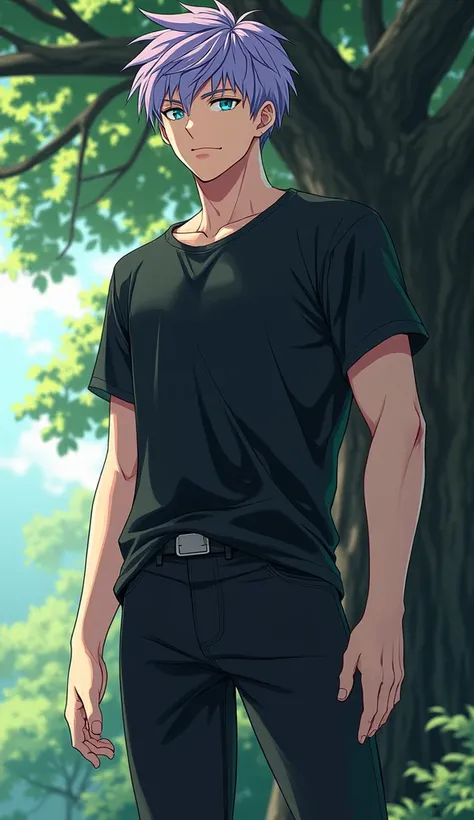 A man Anime Character With Height Of 6.5 feet height with lavender and green mixed short quiff hair style and blue colour eyes wearing Black shirt and Black pant standing next to the tree