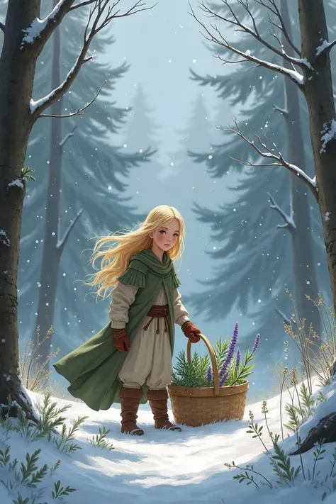 blonde healer collects herbs in the woods in winter