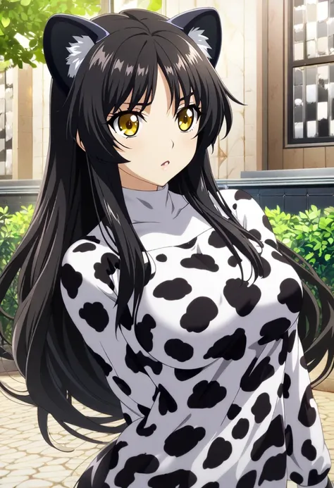 1 girl, panther girl, normal clothes, black hair, long hair, golden eyes, big breast, CG