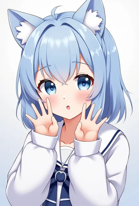 Anime idol girl with cat ears,  Soft white fluff on the inside of her ears , Her eyes are big、I was full of curiosity,  beautiful eyes, Light blue hair, Clear blue eyes, , Good picture, anime 2d, 2D, cute, With both hands、 5 fingers on each ,  beautiful ha...