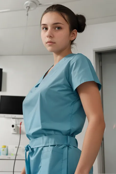 french teenager girl,  , face from exact front perspective, Wide angle, showing her whole body , standing in operation room, surgical nurse, wearing teal surgical scrubs, short hair tied in a bun / bun 