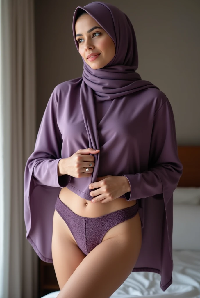 Malay matured women in hijab wearing soft purple sexy lingrie, sexy feminin and panties, portrait photography, mid shot photo, ultra detail, professional lighting, bedroom background, sexy seducing pose, legs open wide show panties, waiting someone.