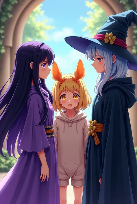 A girl with long black hair with purple and purple and purple eyes and with a black wizard costume version of the anime mashle and who is chatting with a blonde girl with yellow eyes and who has a puffy rag with orange ears who also has a wizard costume to...