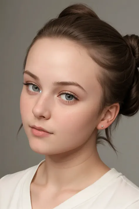 scottish teenager girl,  , face from exact front perspective, short hair tied in a bun / bun 