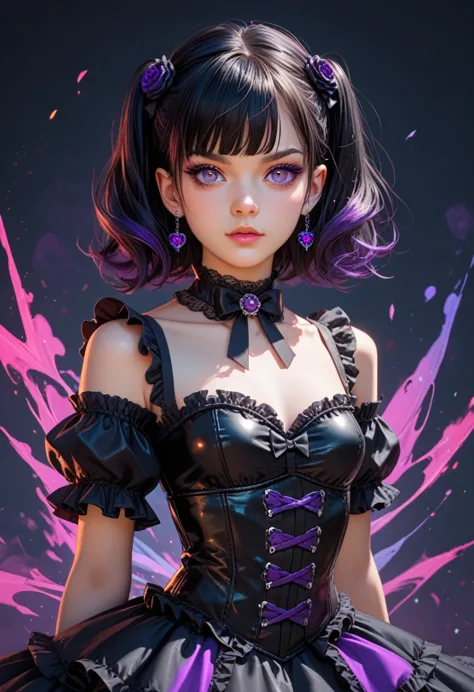 young woman with shoulder-length black hair and violet eyes, wearing a gothic-inspired corset dress, small breasts, anime-style,...