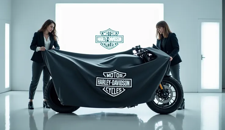 A sleek, modern  (2025  ) partially covered with a  cloth displaying a prominent(  Harley-Davidson Custom 1250)  logo, being unveiled by two people. The bike is   with a streamlined design, positioned in an indoor clear white showroom with bright lighting....