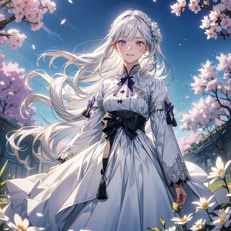 masterpiece, Great work, Daytime, Outdoor, Falling Flowers,  white dress,  1 girl, Perfect Woman,  women with long silver and white hair, Gray Blue Eyes,  dont include symbols , cold, Serious, bang,  purple eyes, White clothes, Black Apparel Line, delicate...