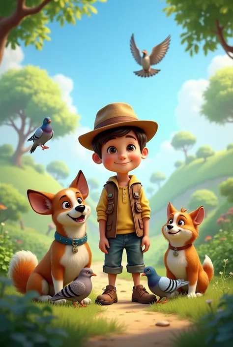 A boy stand with some dog , pigeon,and bird
