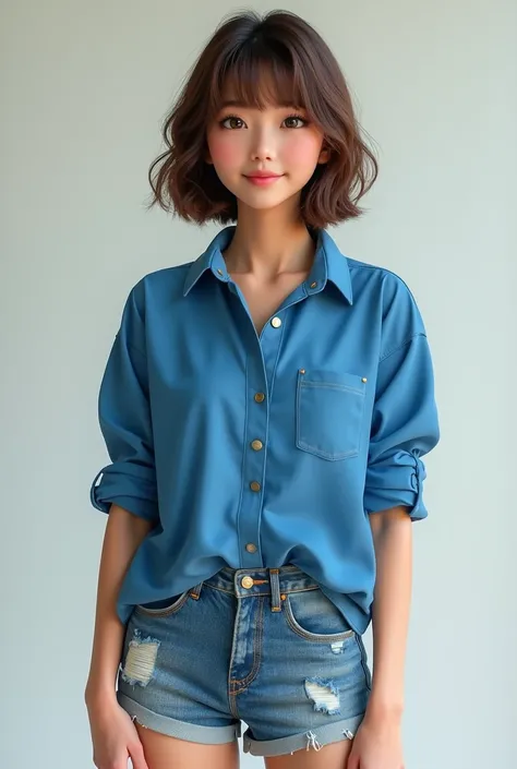 A woman with blue shirt and denim shorts and has brown hair with bangs